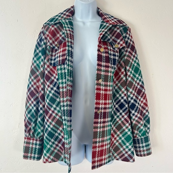 PANHANDLE SLIM VTG 70s Western Double Knit Plaid Shirt Jacket Shaket Sz M/L USA - Picture 9 of 16